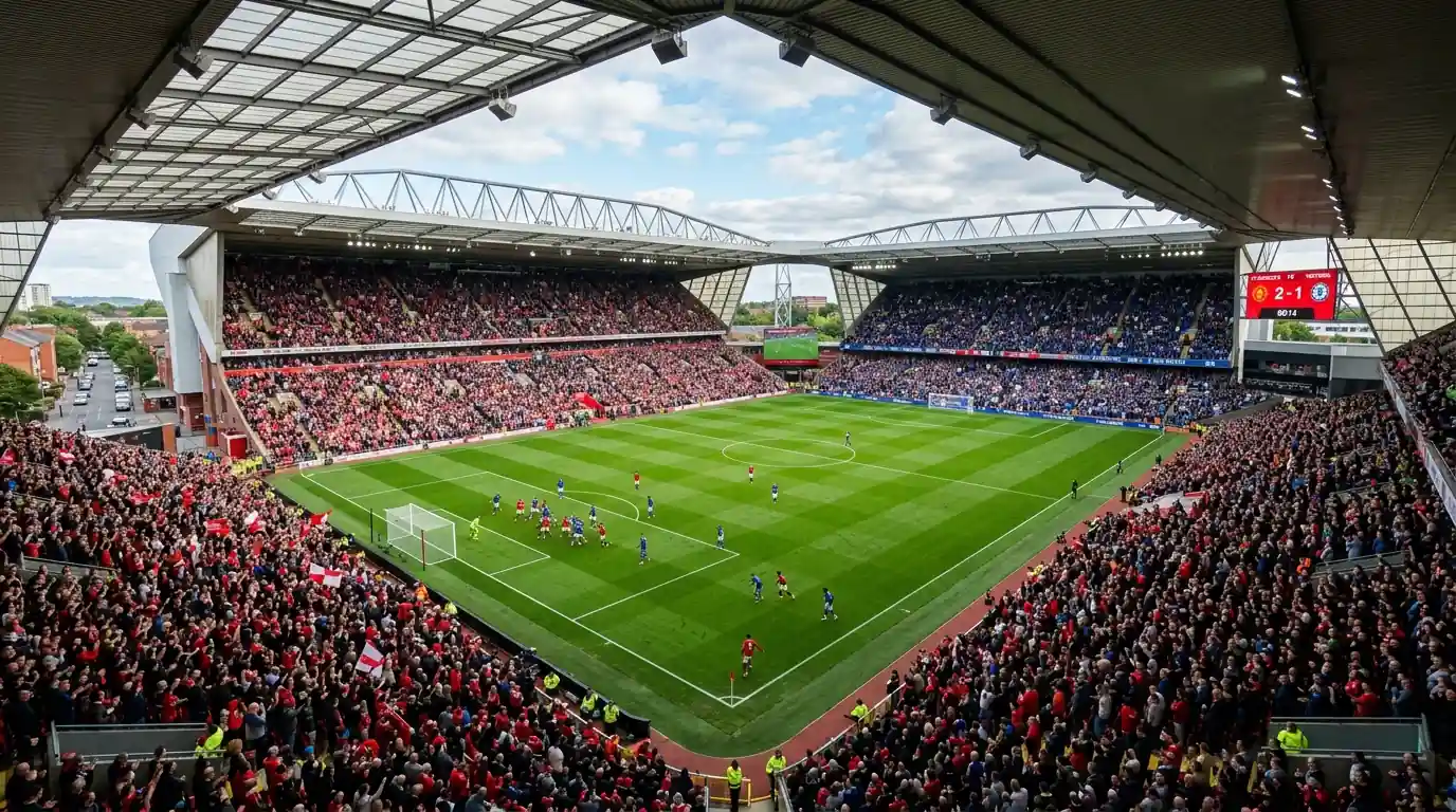 Estadio de la Premier League lleno durante un partido de fútbol inglés